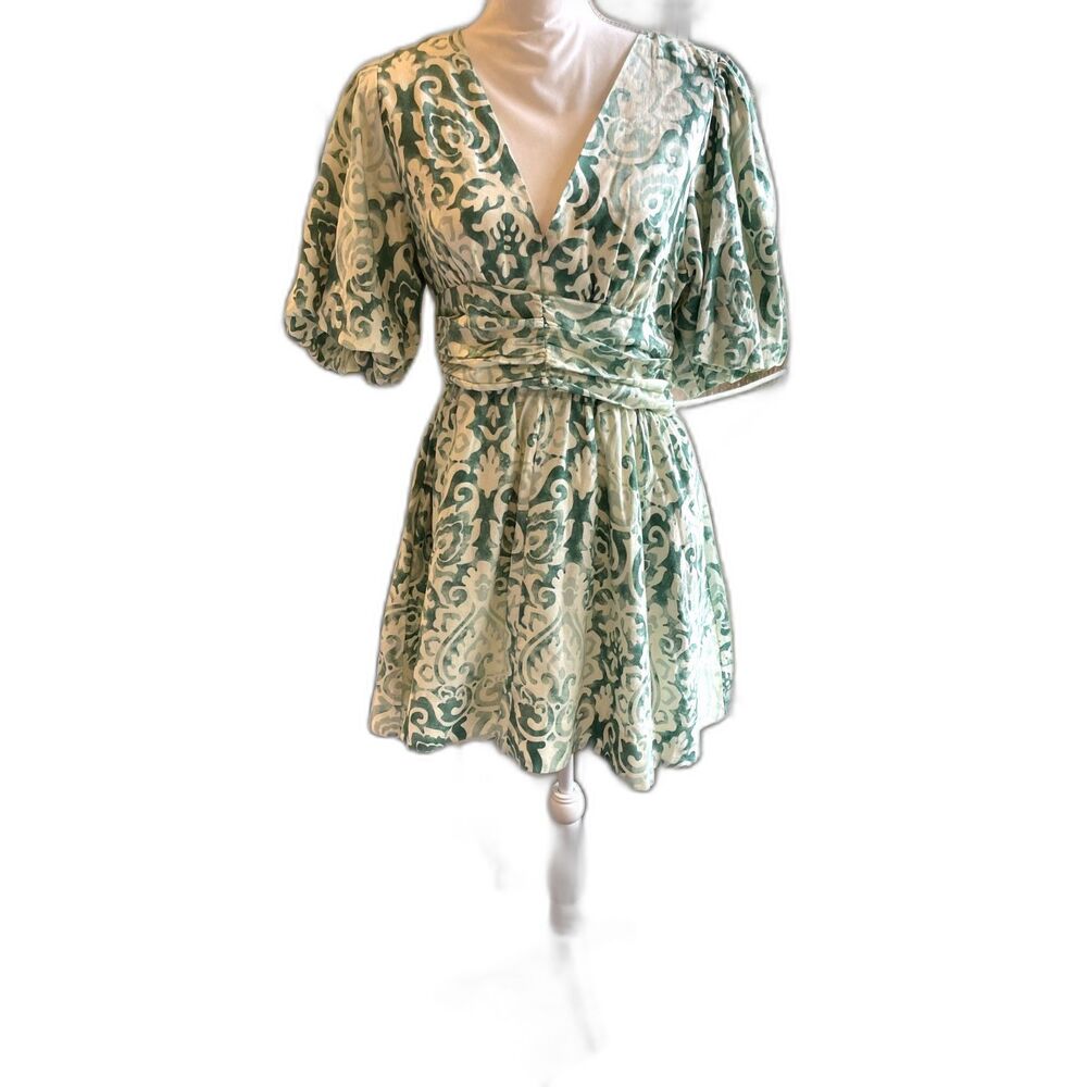 Christian Lacroix Dress Linen Mini Feminine V Neck Size 10 (L) Puff Sleeves BNWT